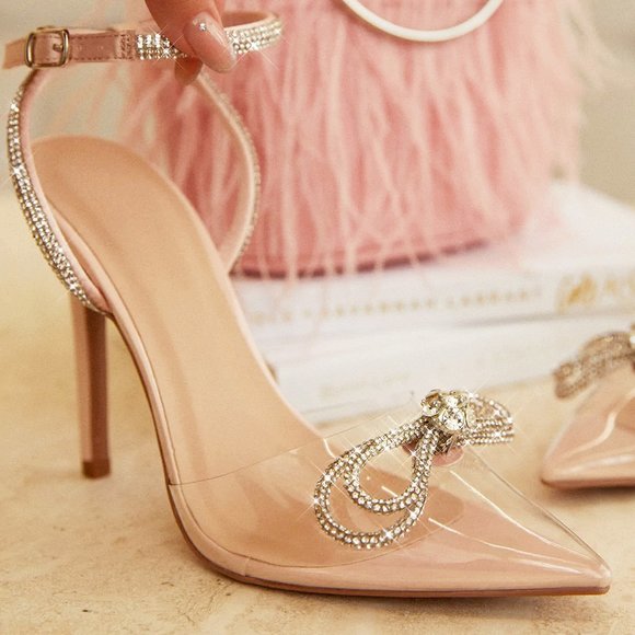 NEW Blush Nude Clear Transparent Rhinestone Bow Ankle Strap Pointy Toe Pump Heel - Picture 10 of 12